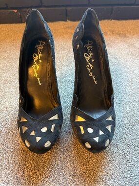 Alice + Olivia Black Suede Cutout Peep-Toe Pumps